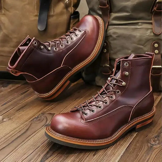 Hot Cowhide Men's Trekking Boot British Ankle Casual Sneakers Trekking Shoes Thick Soled High Top Motorcycle Boots