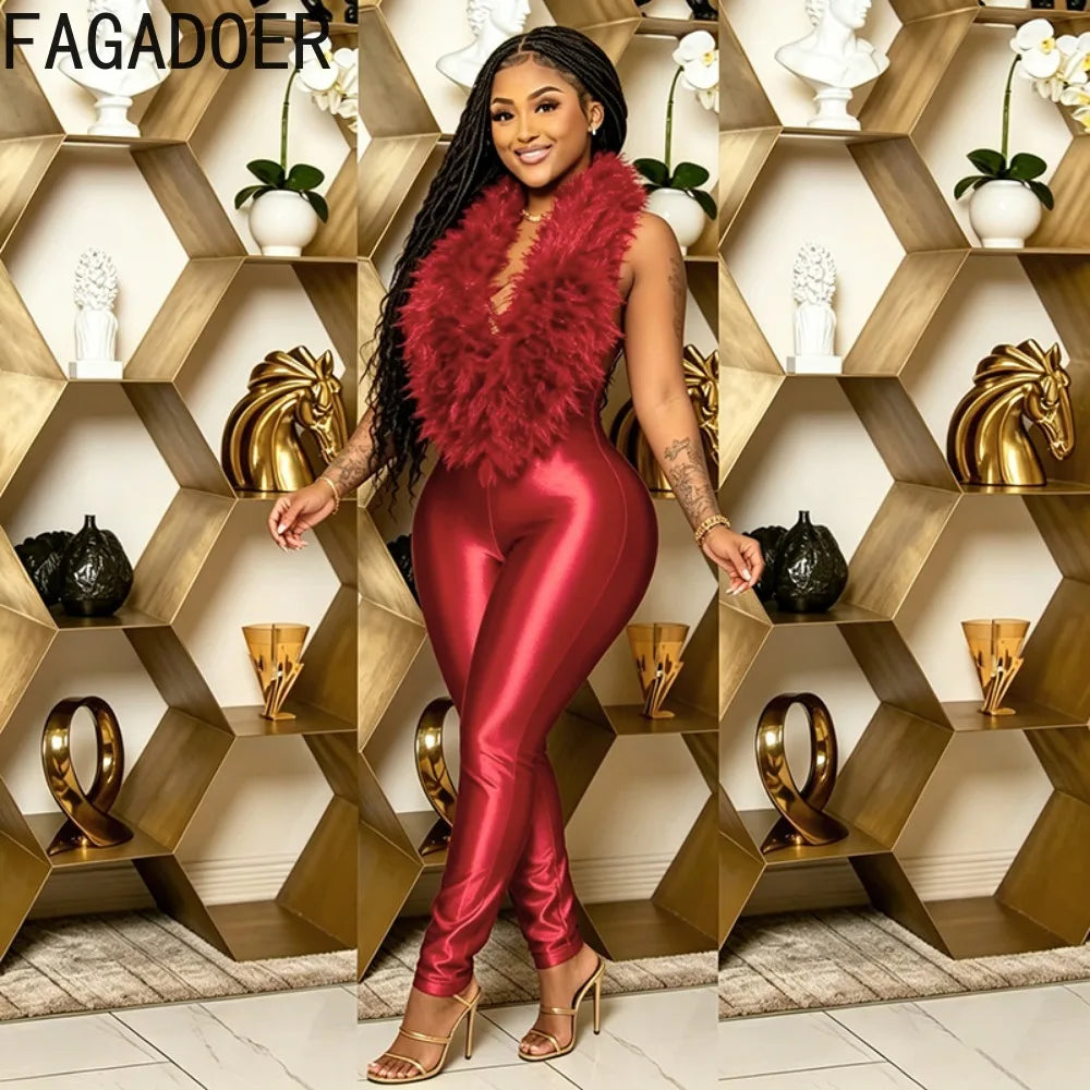 FAGADOER Women Faux Fur Halter Jumpsuit Deep V Neck Sleeveless Shiny Bodycon Long Pants Sexy Party Clubwear One Piece Outfit