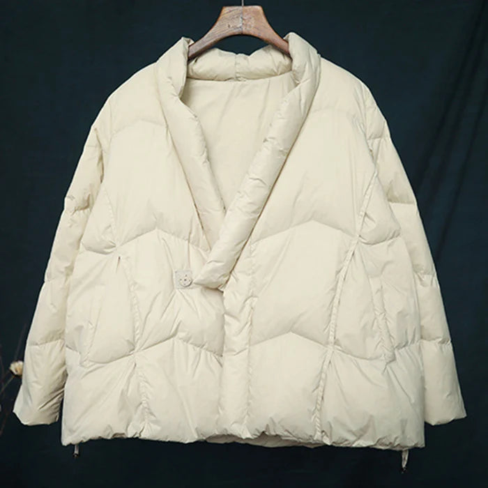 Schinteon Women Japanese Style Jacket Over Size White Duck Down Coat Loose Warm Autumn Winter Casual Outwear Top Quality