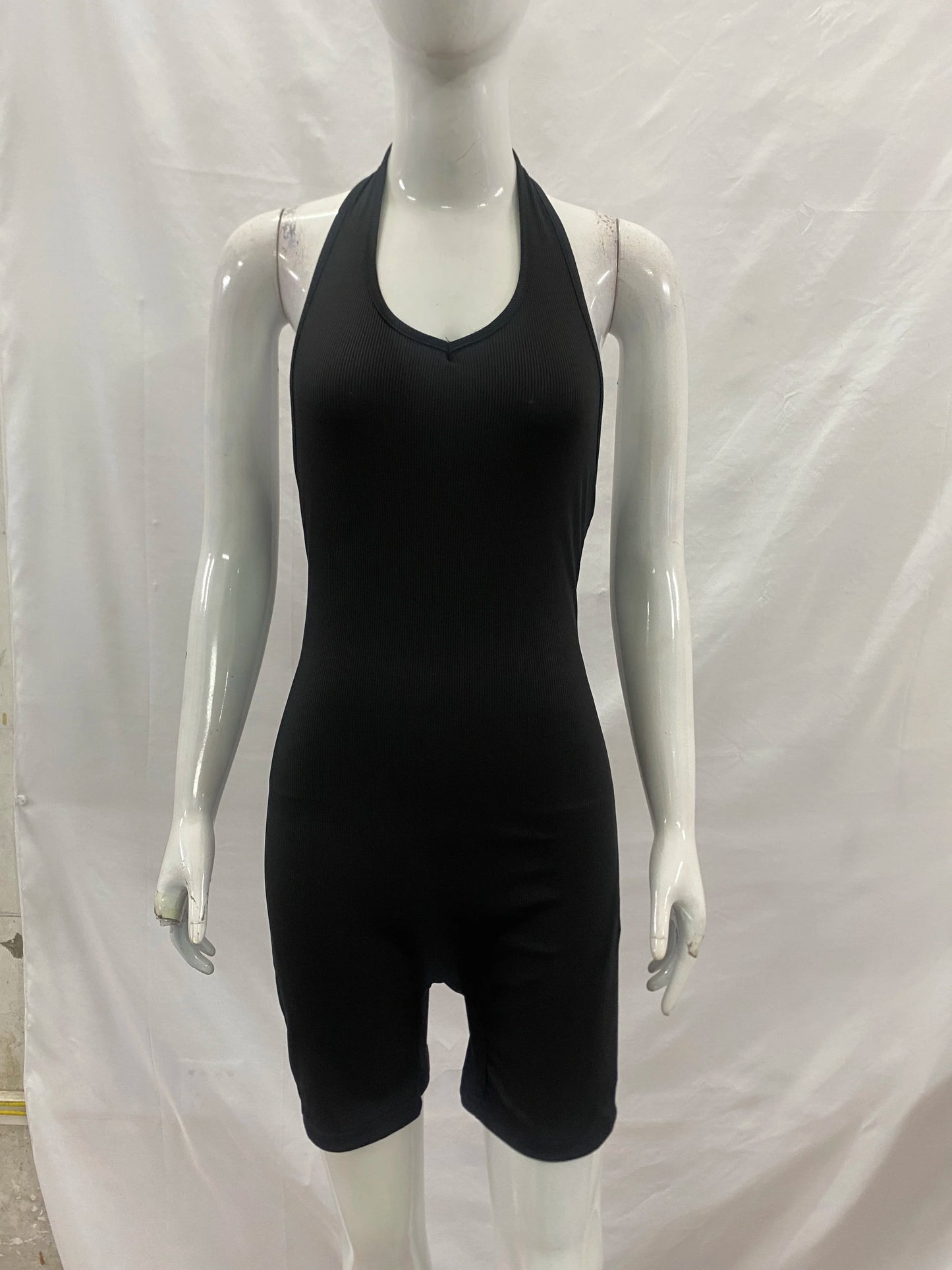 2026 New Arrival Women Black Halter Neck Romper, Deep V Neck Backless Short Jumpsuit, Y2K Sexy Bodycon Playsuit for Club Party