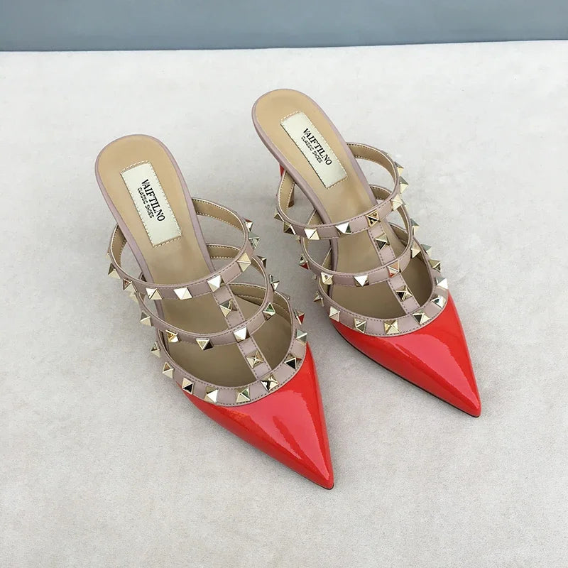 Women's sandals luxury Brand Shoes Woman 2025 trend Ankle Strap Summer Rivets High Heels Slippers Design Pointed Toe Sexy party