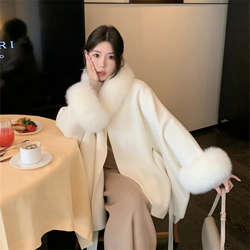 Real Fox Fur Overcoat Bat Sleeves Collar Woolen Coat Luxury Cashmere Poncho Blend Women Autumn Winter New Long Ribbon Cloak