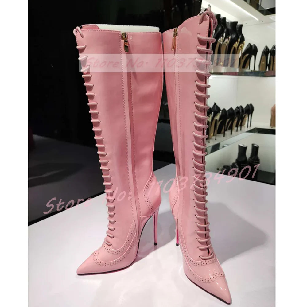 Pink Sole Zipper Knee Length Boots Women Sexy Nightclub Lace Up Pointy Toe High Heels Boots Lady Party Nifty Punk Fashion Shoes