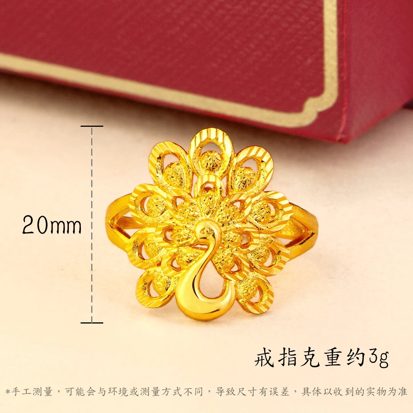 Luxury 24K 9999 Pure Gold real gold Hollow Peacock Ring Women's All-match Open Ring Engagement