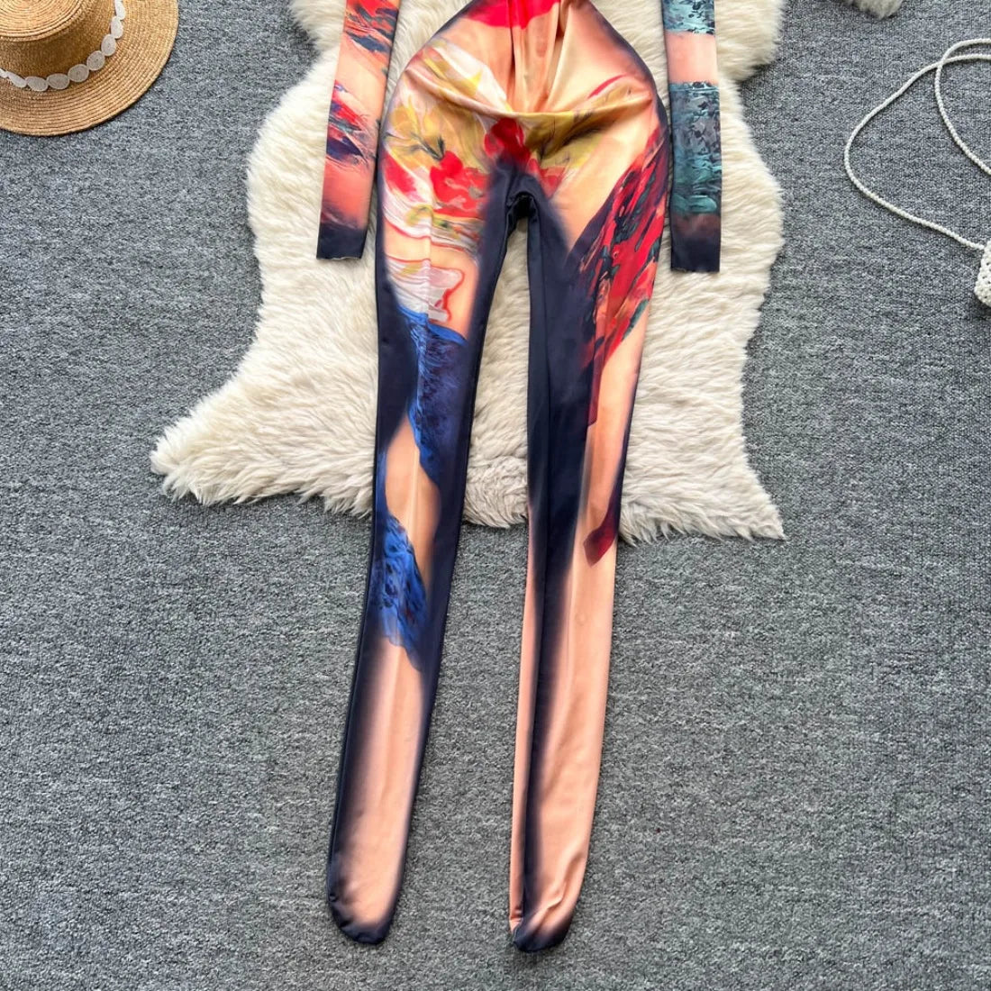 Foamlina 2025 Autumn New Fashion Print Bodysuit European Women's Sexy Hot Girl Slim Fit Flattering Long Sleeve Tight Jumpsuit