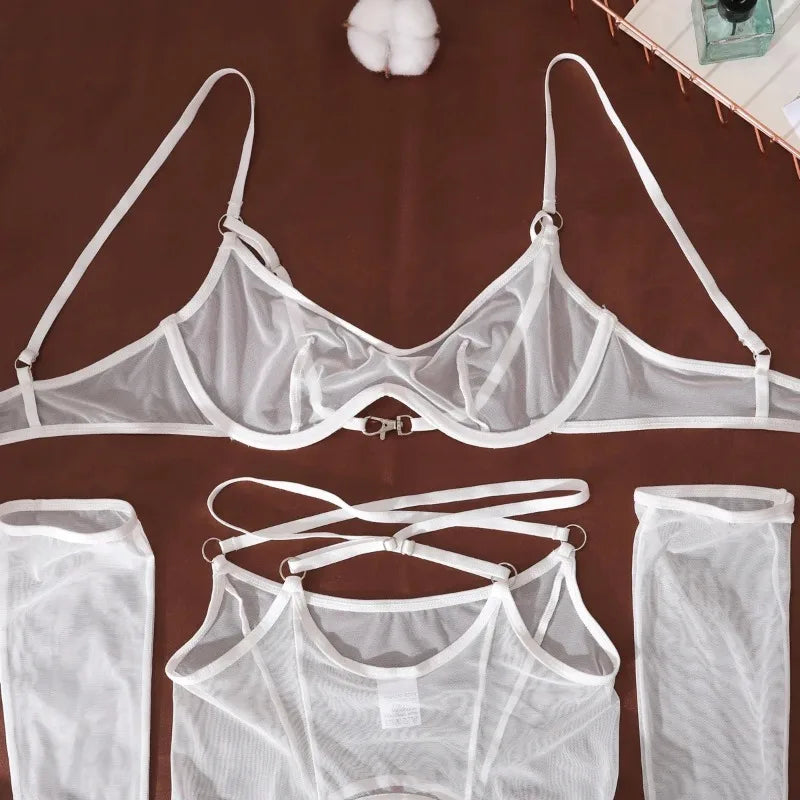 Solid Women's Lingerie Sets Seductive See Through Bra Belt Thong 3PC with glovs stockings Sissy Sexy Women's Underwear