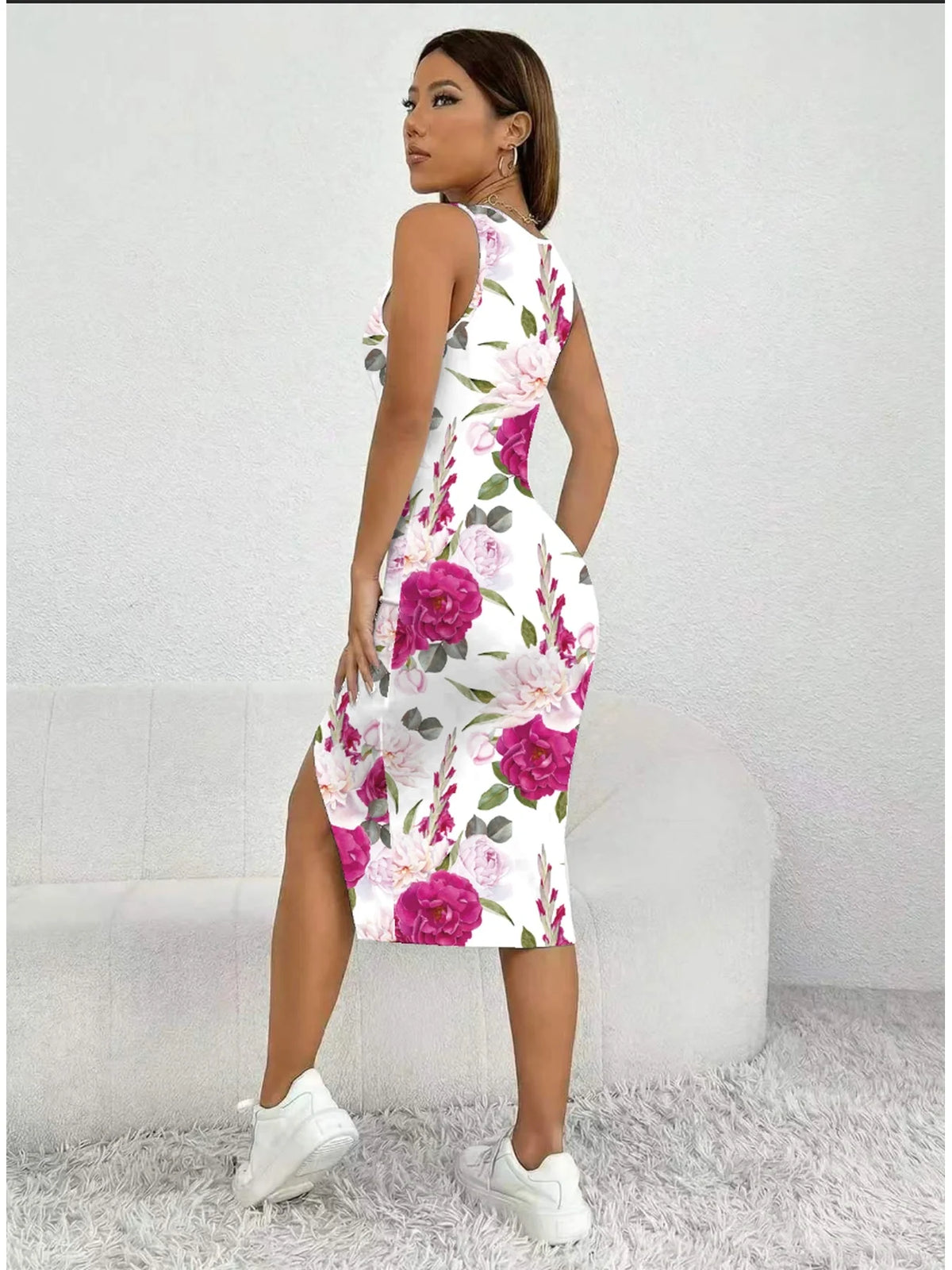 Women's Floral Print Sleeveless Dress Casual Elegant Comfortable Mid-Length Skirt with Thick Shoulder Strap Square Neck Slit