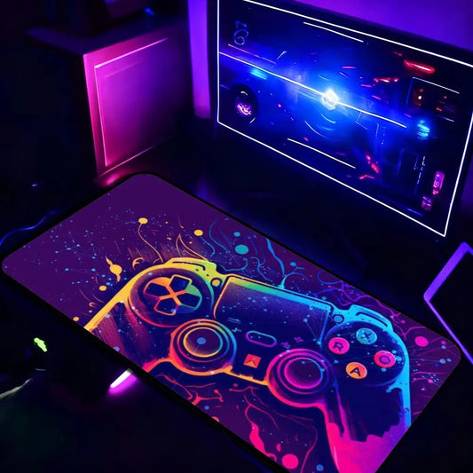 Extra Large XXL Full Desk Mouse Pad, Neon Rainbow Game Controller Gamer for PC Laptop E-sports Gamers Office Home Decor