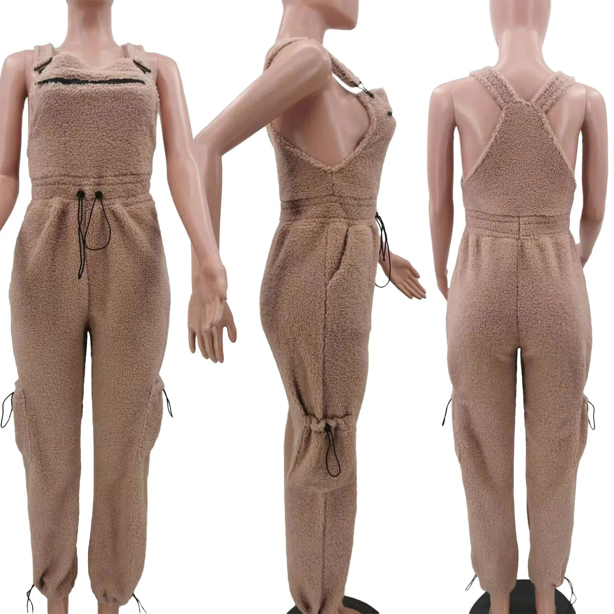 Lace Up Jumpsuit Women One Piece Jumpsuits Fur Rompers High Waist Spring Autumn Pants Mom Overalls Playsuits Elegant Pink