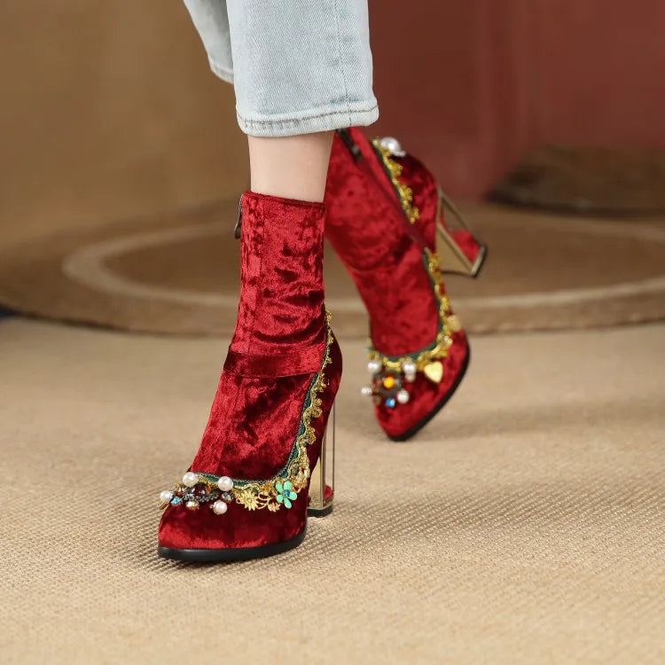 Royal Gemstone Jeweled Flower Velvet Ankle Boots Floral Crystal Cage Fretwork High Heels Blue Red Black Woman Bridal Booties