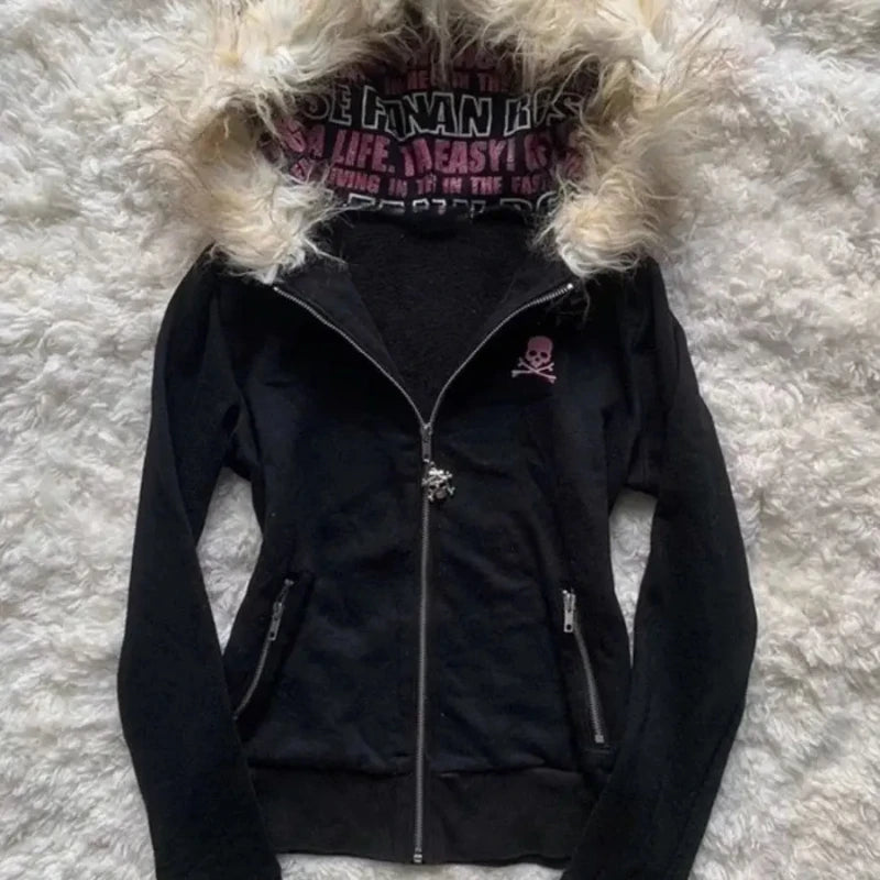 High street retro women hooded winter new item Harajuku multifunctional long sleeved wool warm zipper Gothic Y2K long sleeved