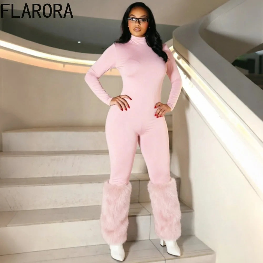 FLARORA Sexy Faux Fur Patchwork Jumpsuits Woman Turtleneck Full Sleeve Skinny Peach Hip Jumpsuit Midnight Party Club Overalls