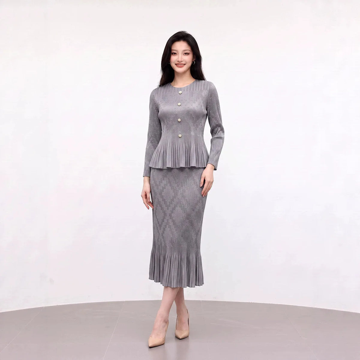 Miyake Pleated Skirt Set Plisse 2026 Autumn New Single-Breasted Flared Long Sleeve Cardigan Top Length Set Slim Fit Versatile