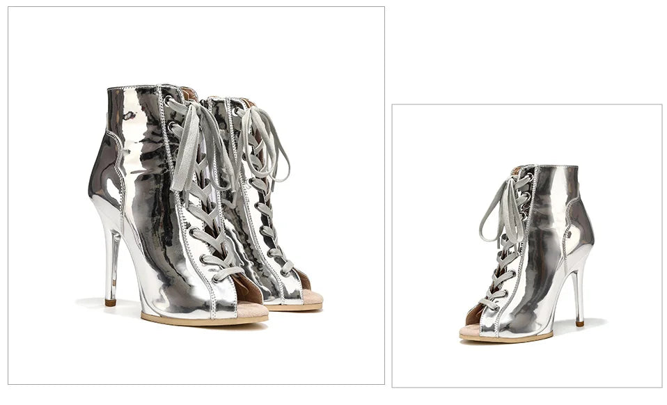 Women Sexy Thin High Heel Dance Shoes Party Ballroom Pole Jazz Lace Up Platform Dancing Boots Short Tube Heels 8.5/9.5CM Booties
