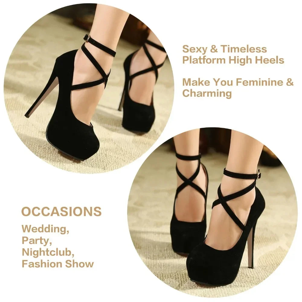Women Platform Stilettos Sexy Pumps Shallow Round Toe Slingback Super High Heels Elegant Party Wedding Banquet Shoes