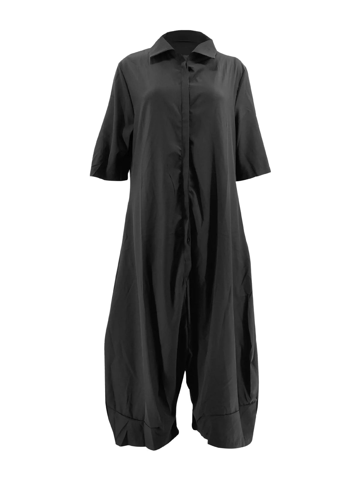 Women Plus Size Jumpsuit Business Casual Black Shirt Collar 3/4 Sleeve Pocket Harem Pants Rompers Single Breasted Loose Outfits