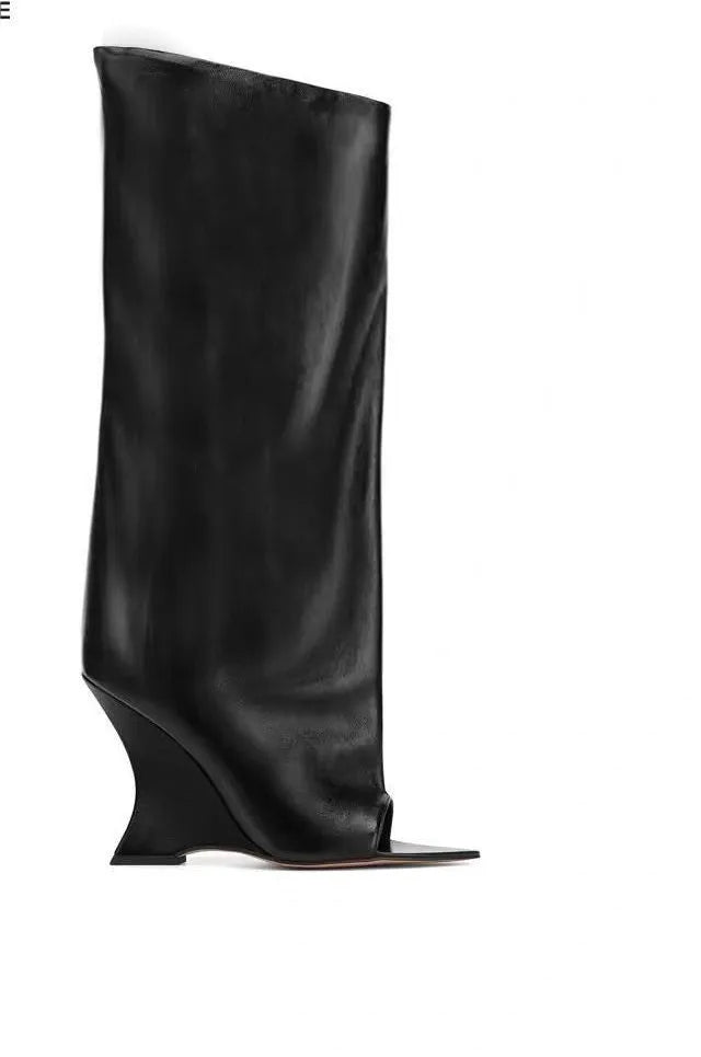 2006SoleLadies'-Spring/Summer-New-Fish-Mouth-Slope-High-Heel-Short-Boots-with-Pointed-Toe-Exposed-Cool-Boots,-Mid-Top-Boots