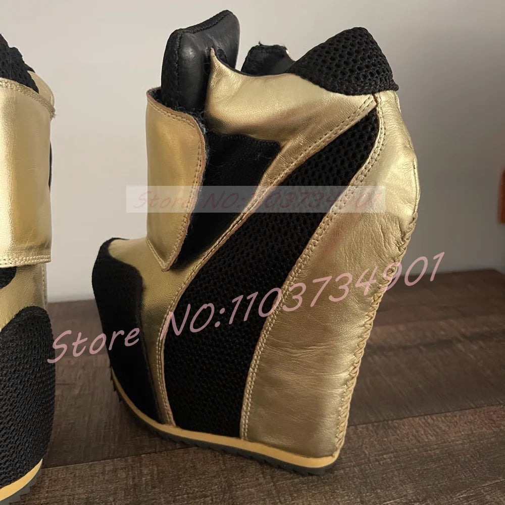 Gold Patchwork Platform Boots Women Round Toe Wedge Ankle Boots Ladies Hook Loop Closure Sneaker Heel Footwear