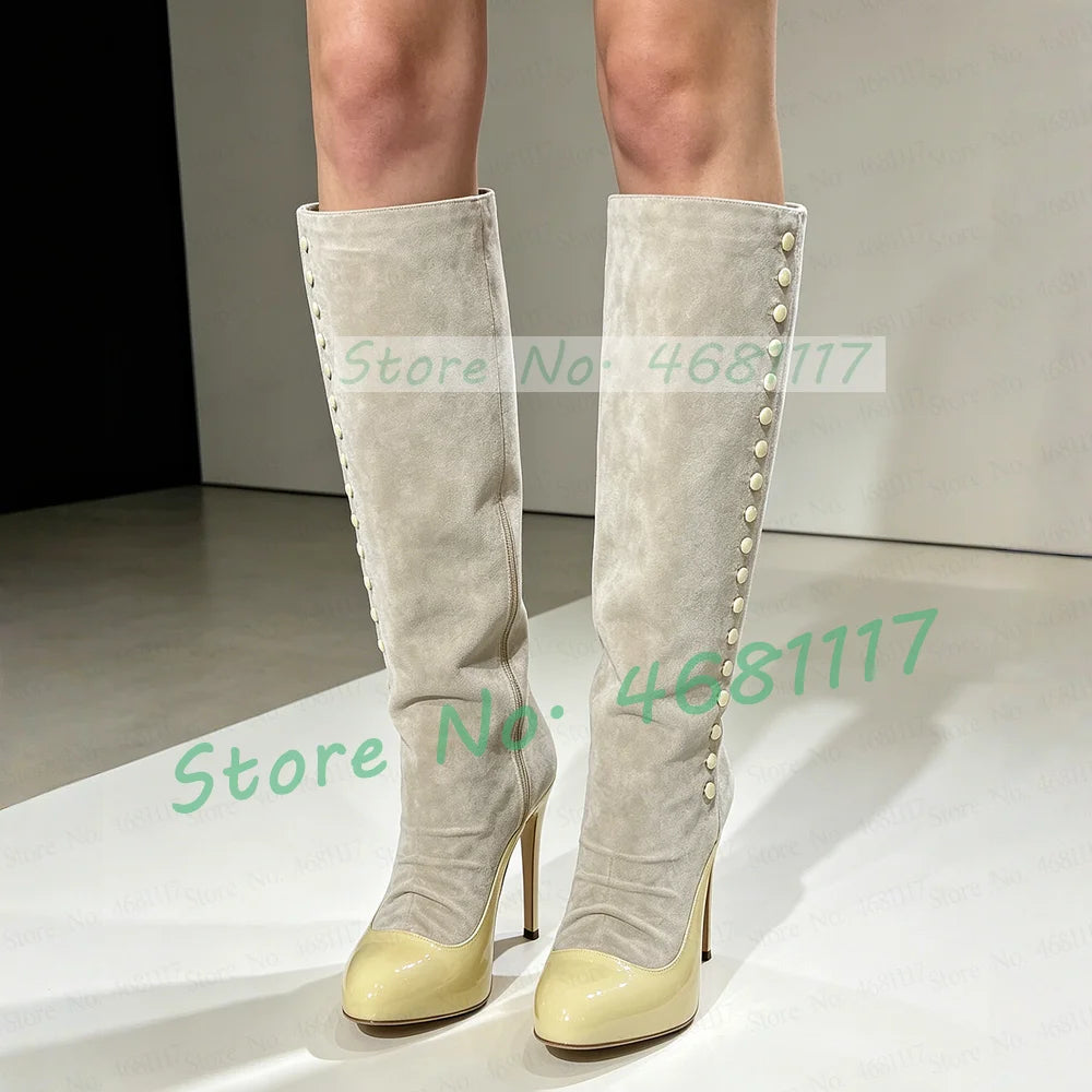 Beige Suede Yellow Leather Patchwork Boots Women Elegant Round Toe Button Decor Knee High Heels Streetwear Side Zipper Boots