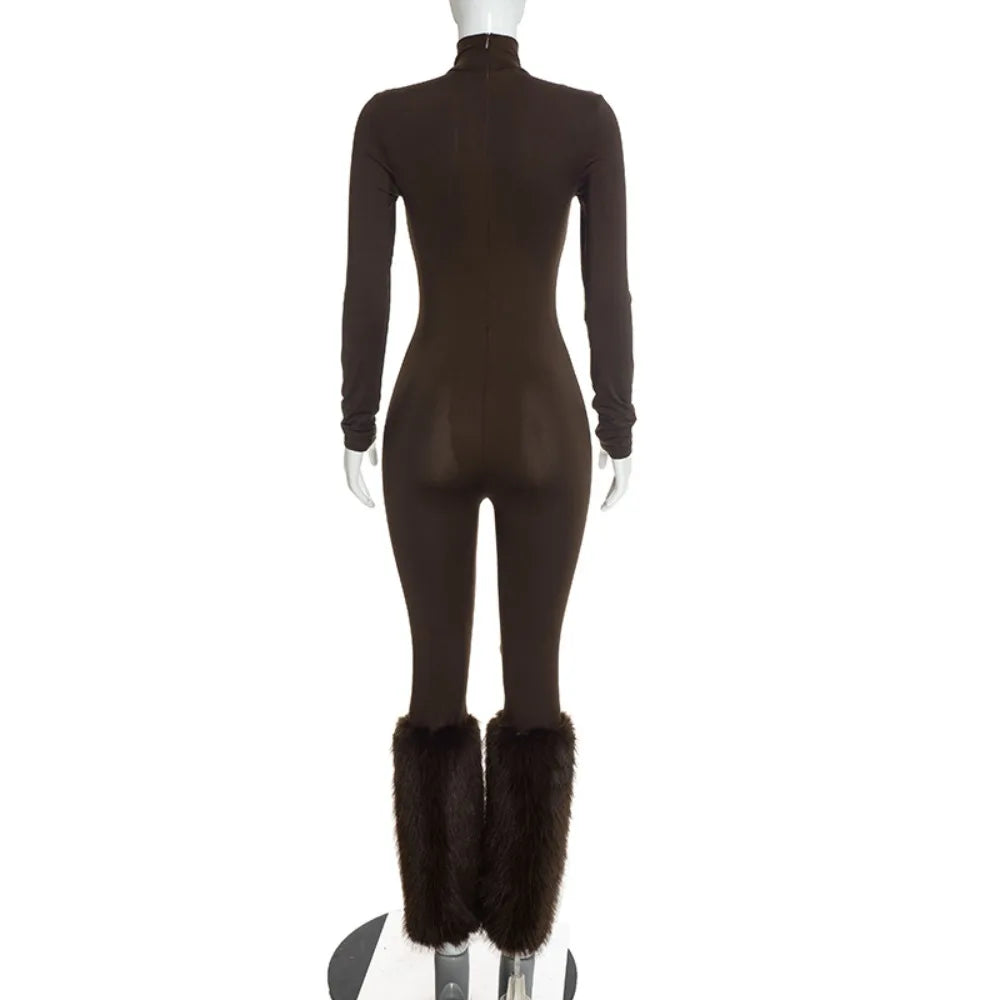 FLARORA Sexy Faux Fur Patchwork Jumpsuits Woman Turtleneck Full Sleeve Skinny Peach Hip Jumpsuit Midnight Party Club Overalls