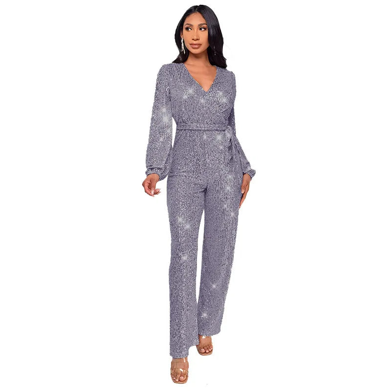 Uoozee Women's Deep V-Neck Sequins Club Jumpsuits Long Puff Sleeve Tie Waist Straight-leg Party Evening One Piece Outfits 2026