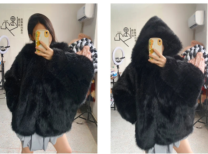 Nerazzurri Autumn Winter Oversized White Black Warm Shaggy Hairy Faux Fur Coat Women with Hood Loose Casual Fluffy Jacket 2023