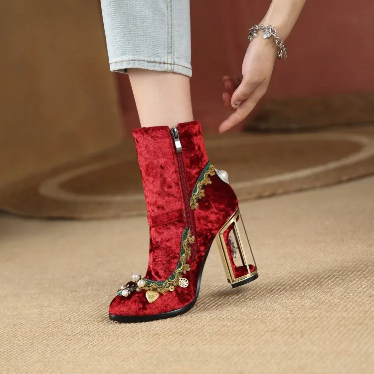 Royal Gemstone Jeweled Flower Velvet Ankle Boots Floral Crystal Cage Fretwork High Heels Blue Red Black Woman Bridal Booties