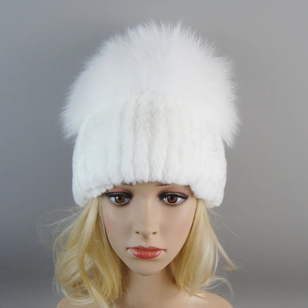 New Winter Lady Brand Hand Make Real Genuine Fox Fur Hat Scarf Girls Natural Real Rex Rabbit Fur Ring Cap Real Fur Scarves Hats
