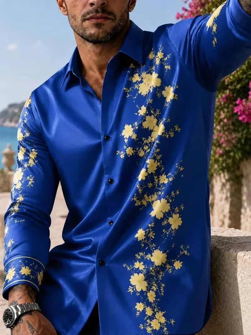 New Men's Purple Gold Phoenix National Style Curly Grass 3D Printed Long Sleeve Shirt Smooth High Gloss Collar Top
