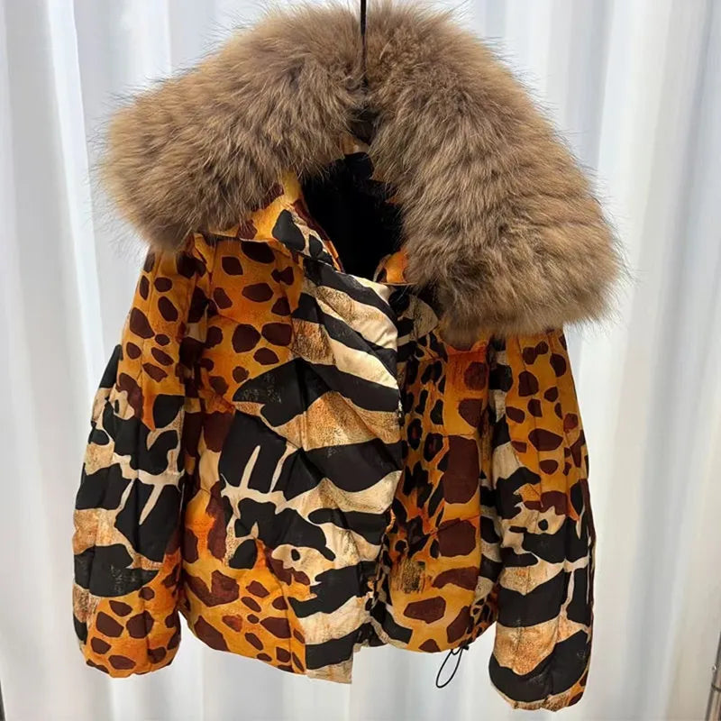 Women's Leopard Print down Jacket European Winter Natural Raccoon Fur Collar Short Warm Duck down Coat