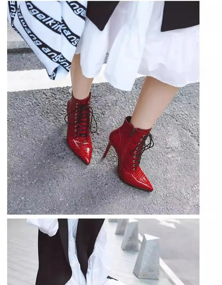 12CM Stiletto Heels Botas Mujer Fashion Pointed Lace-up Ankle Boots Roman Ladies Shoes Autumn Winter Women Emboss Short Booties