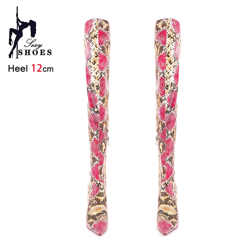 Over The Knee Snake Print Boots Women 12CM Thin High Heel Winter Shoes Plus Size 45 46 47 Stiletto Pointed Thigh Boots For Woman