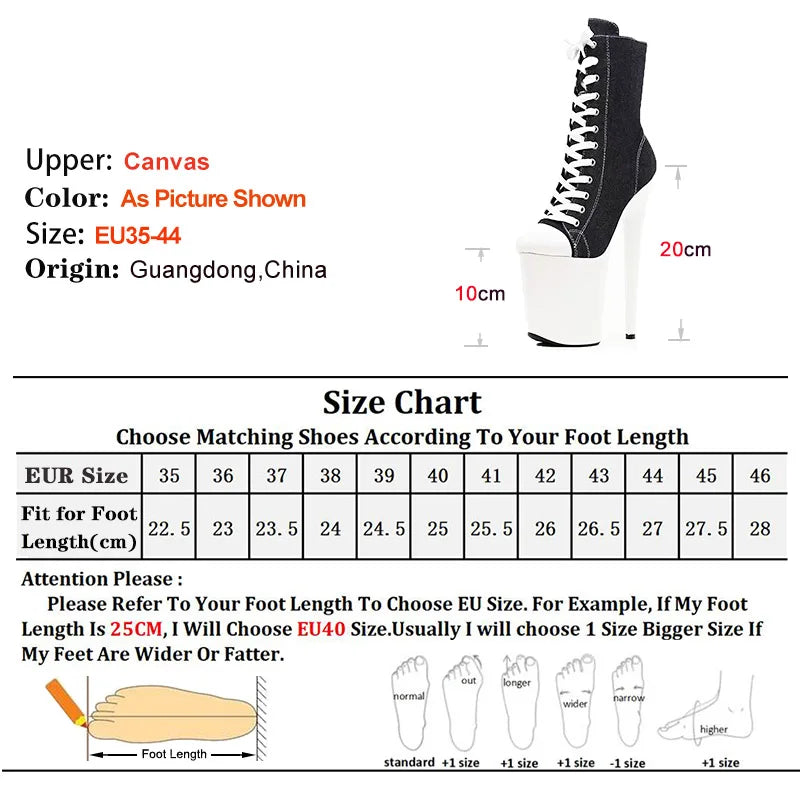 20CM/8Inch Extreme High Heel Platform Ankle Booties for Women Pole Dance Shoes Front Lace Up Black Denim Canvas Stiletto Boots