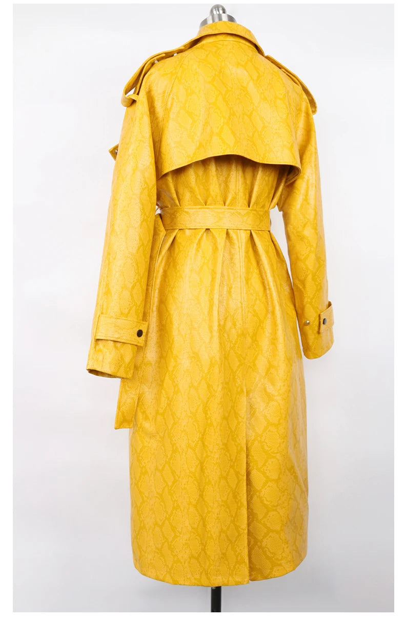 Nerazzurri Spring Autumn Long Oversized Colorful Snakeskin Print Patent Leather Trench Coat for Women Belt Runway Fashion 2022