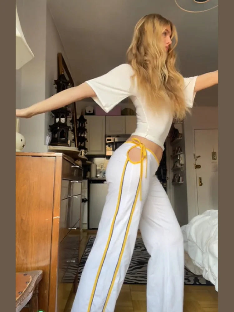 Women's Vintage American Streetwear Wide Leg Pants Stripe Side Tie Loose Trousers Lady New Cozy Date Exercise Vacation Casual