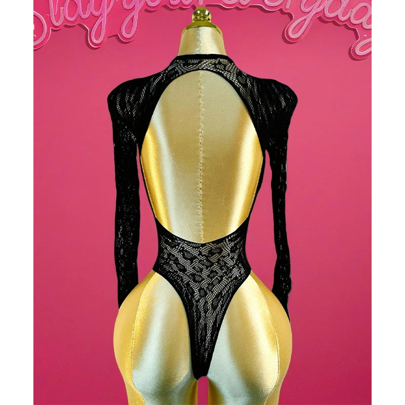 1PC Sexy Cover Up Women Bodysuit Long Sleeves Jumpsuit See Through Hollow Out For Music festival Bodystocking W684