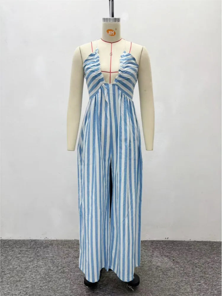 Sexy Jumpsuit Solid Color Casual Striped Halterneck Deep V-neck Wide-leg Jumpsuits Casual Holiday Party Daily Rompers Women's