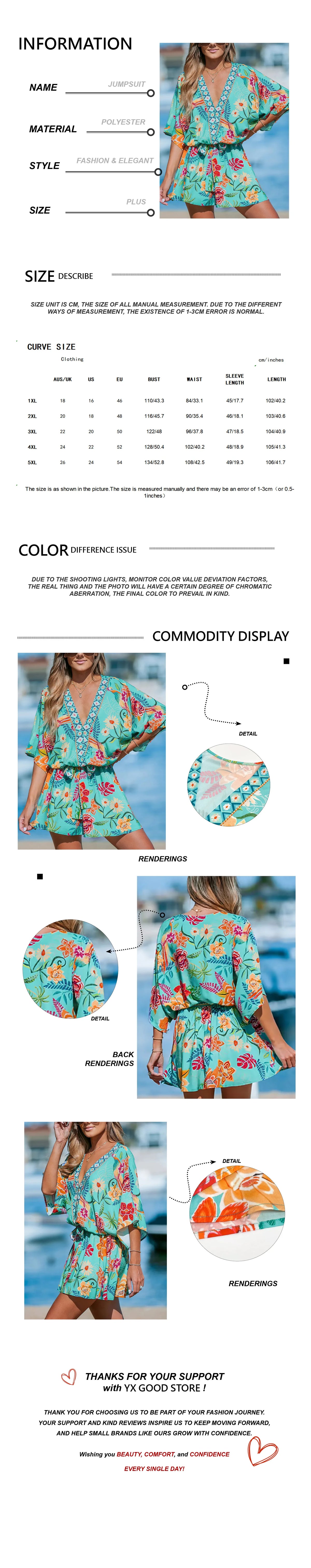 Plus Size Women's Casual Tropical Print Short Jumpsuit Batwing Sleeve V-Neck Loose Fit Beach Outing Summer Romper