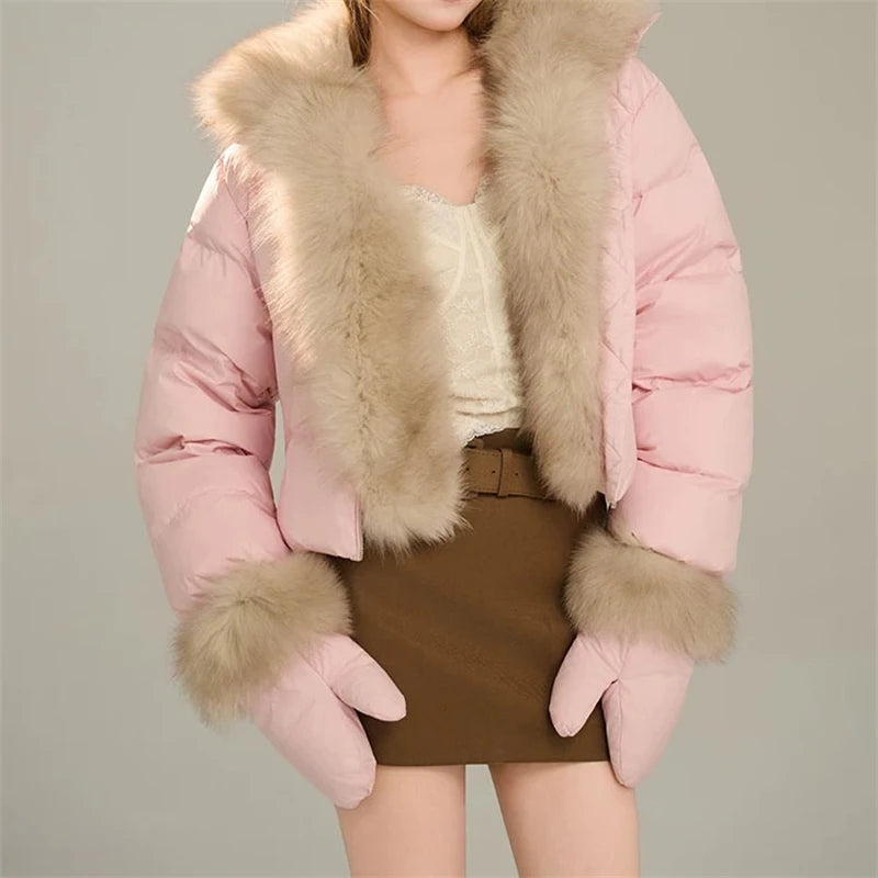 2026 Premium Women Winter Down Jacket White Goose Down Genuine Fox Fur Collar Thick Warm Luxury Coat with Matching Glove
