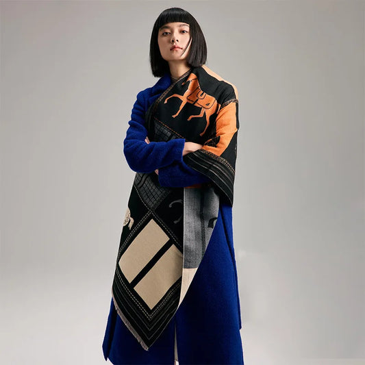 Autumn Winter Scarf Women Pashmina Shawls Horse Print Wraps Cashmere Blanket Warm Thick Chunky Stoles for Lady Outdoor Bufanda