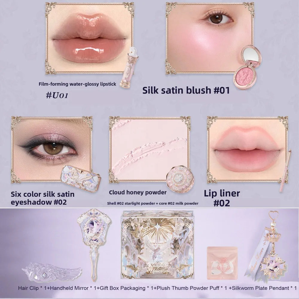 Flower Knows Knight Unicorn Makeup Gift Box Lipstick Blush Loose Setting Powder Starlight Eyeshadow,Cosmetics Kit Gift Set
