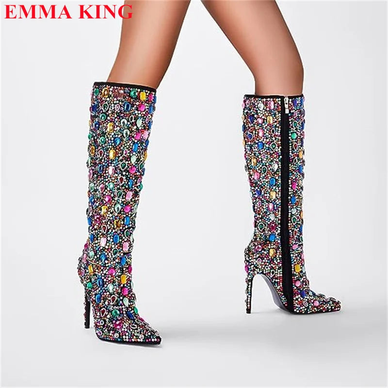 Women Fall Rhinestone Stud Knee High Boots Mixed Color Bling Pointed Toe Female Boots Luxury Designer High Heels Party Shoes