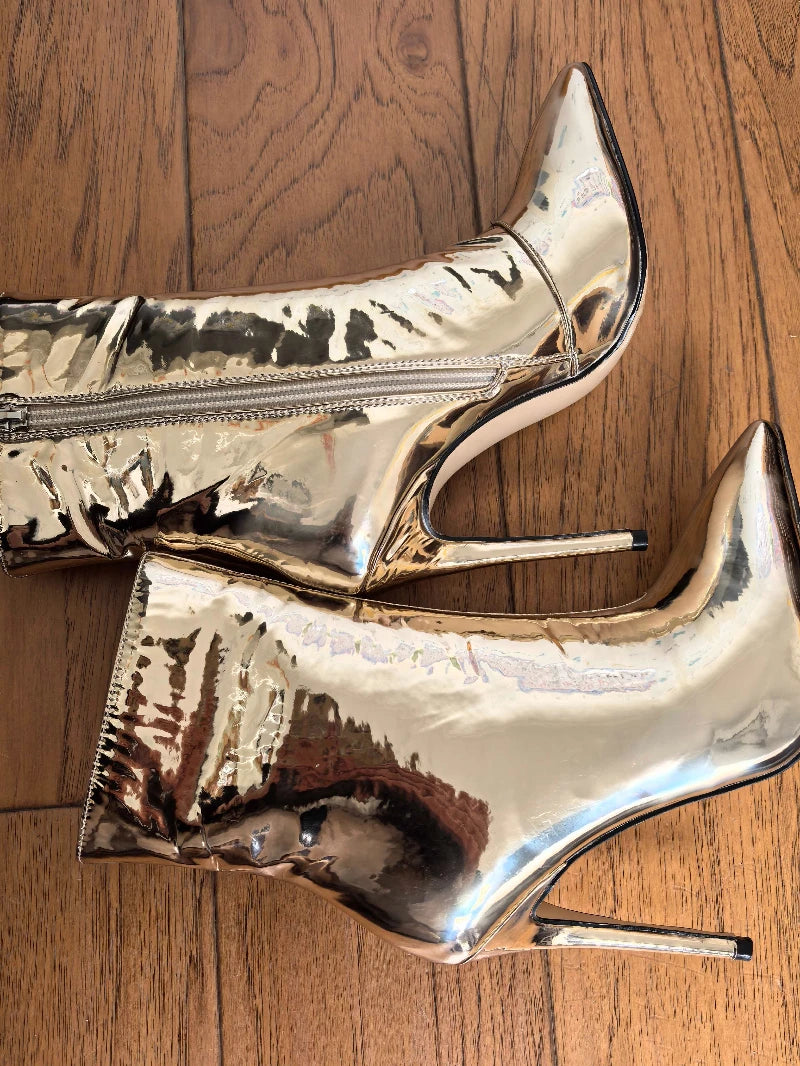 Design Ankle Boots Women Fashion Zipper Pointed High Heels Gold Silver Patent Leather Short Booties Shoes Catwalk Shoes
