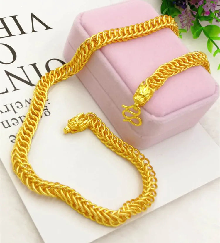 Outdoor Wear-Resistant Dragon Head Double Row Necklace For Men 24K Gold AU999, durable for daily labor and sports