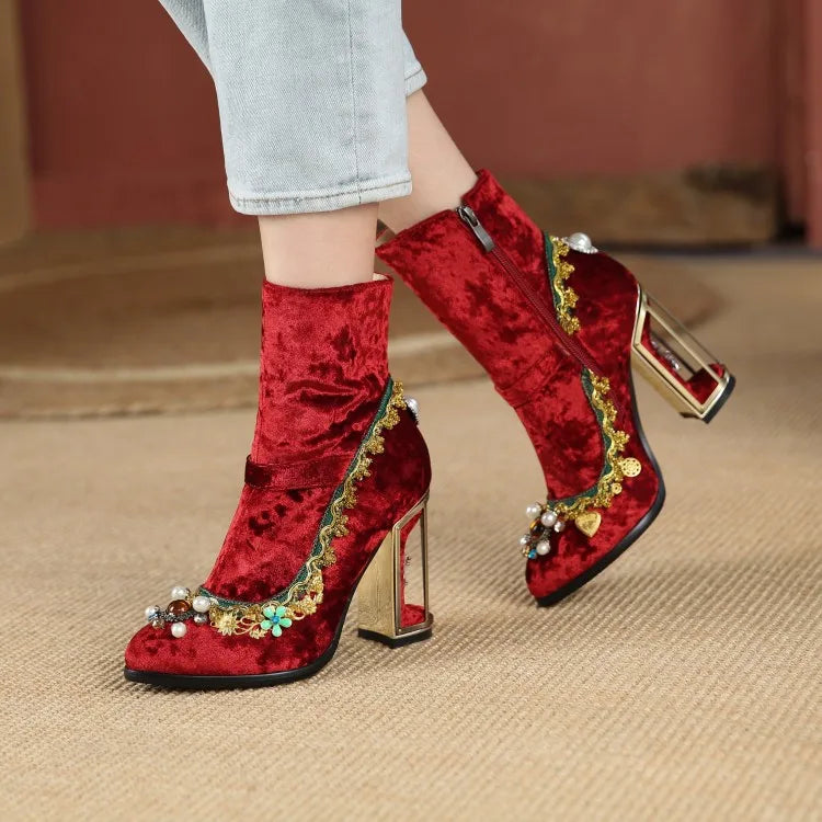 Royal Gemstone Jeweled Flower Velvet Ankle Boots Floral Crystal Cage Fretwork High Heels Blue Red Black Woman Bridal Booties