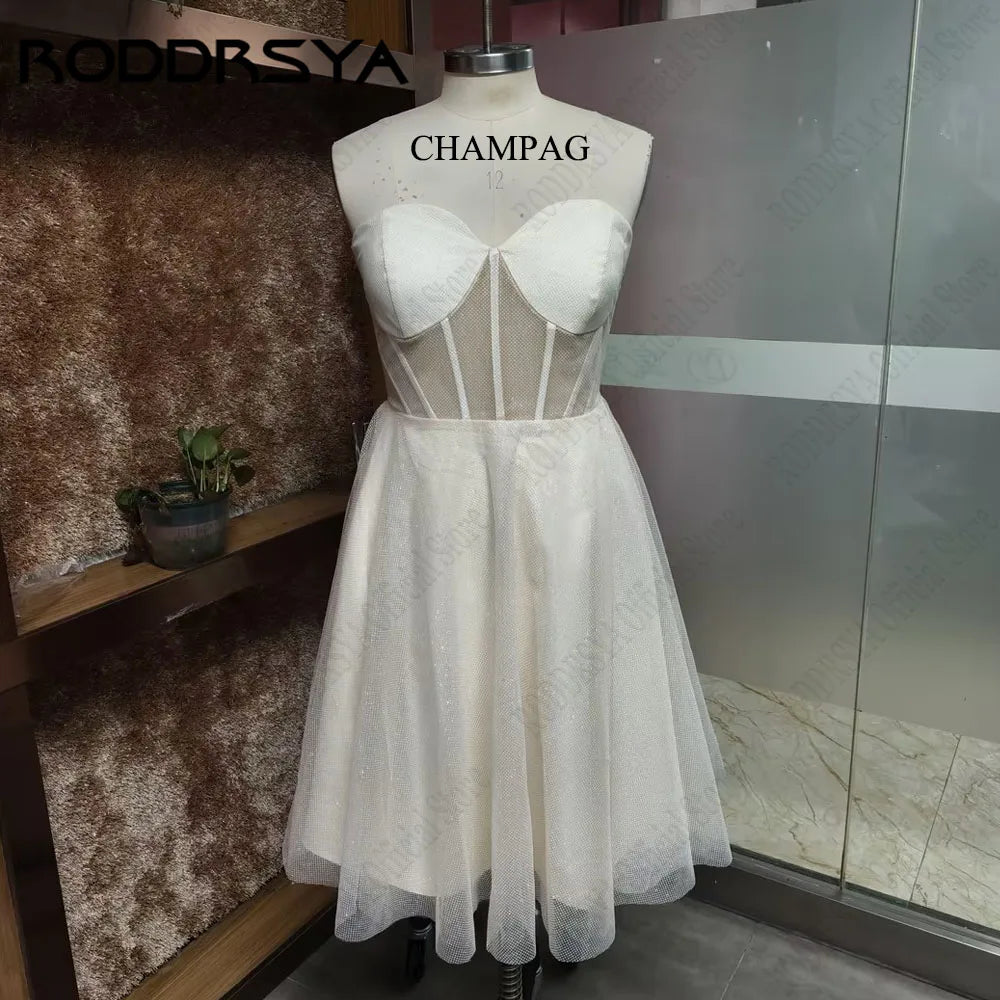 RODDRSYA Short Sparkly Wedding Dress Knee Length vestidos de novia Strapless Glitter Tulle Bride Dresses A Line Sleeveless Women
