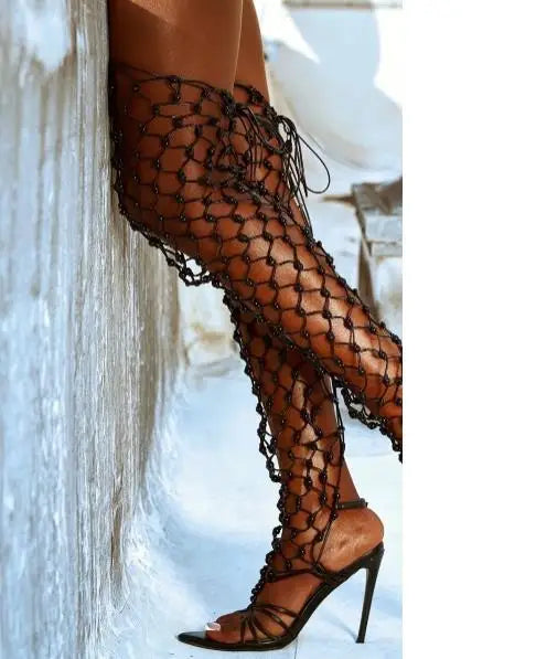 Colourful Beaded Straps Sexy Gladiator Over The Knee Boots 2024 Summer New Open Toe Stiletto Slingback Nightclubs Sandals Boots