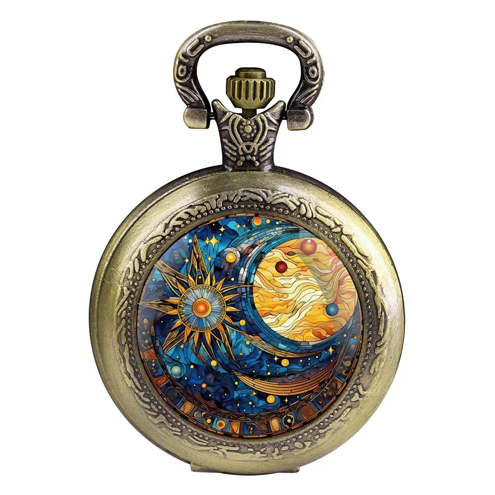 Vintage Sun and Moon Pendant Glass Dome Pocket Watch Souvenir Chain Clock Arabic Numerals with Personality Gift for Women Men