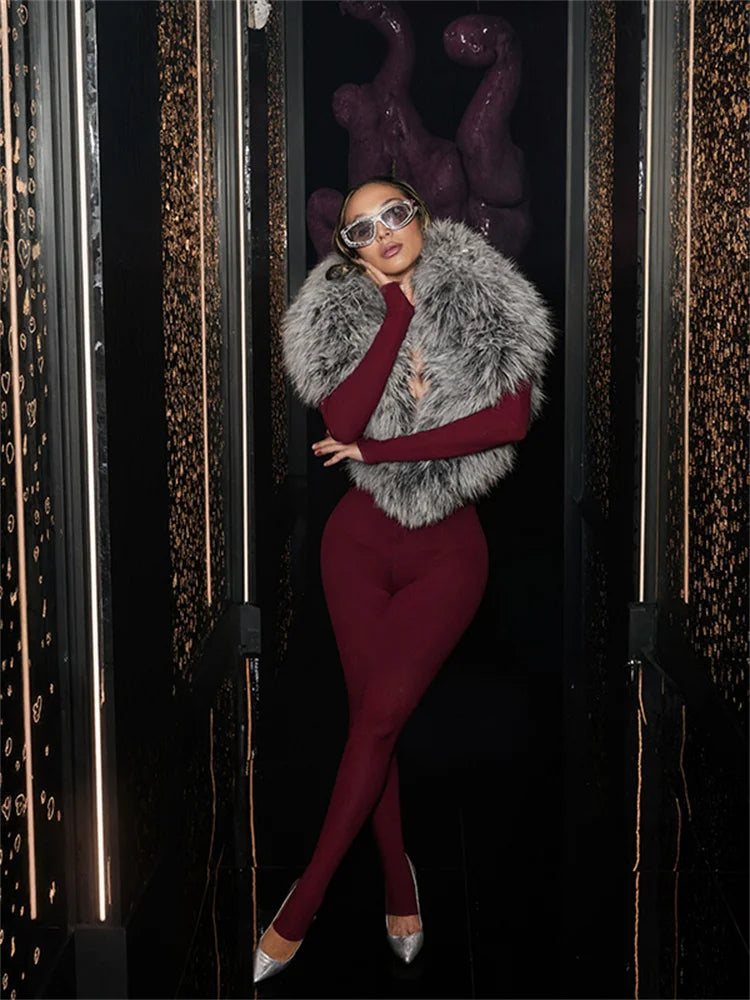 Weird Puss Furry Deep V-Neck Jumpsuits Woman Hipster Patchwork Trend Sexy Stretch Fitness Club Activity Luxury Midnight Overalls
