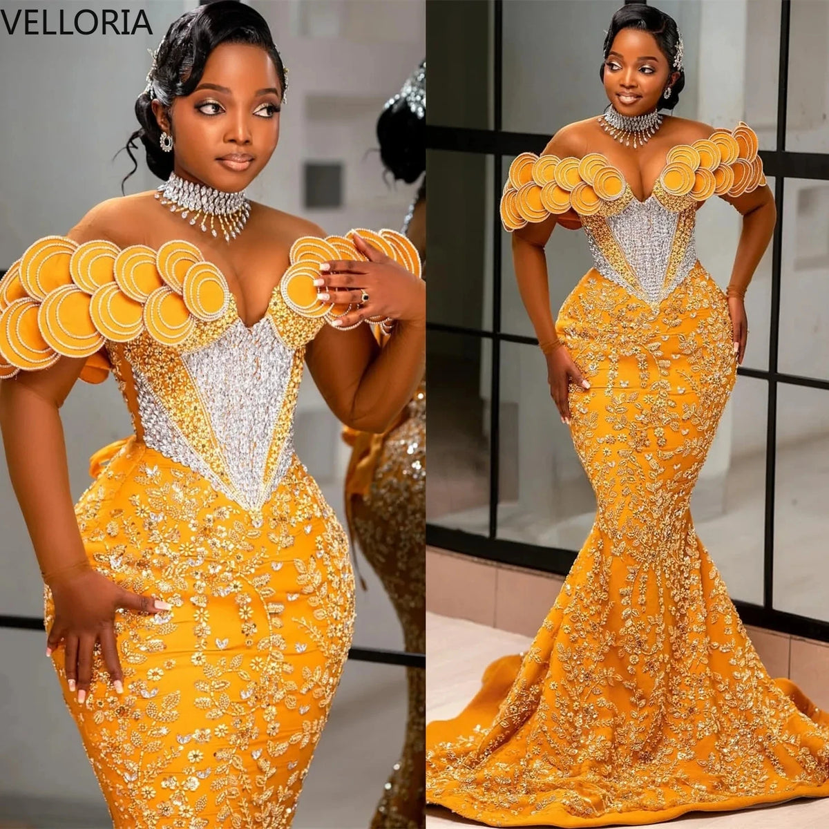 Luxury Mermaid Evening Dress 3D Round Shoulder Detail Crystal African Women's Wedding Beaded Corset Ball Dress Customization